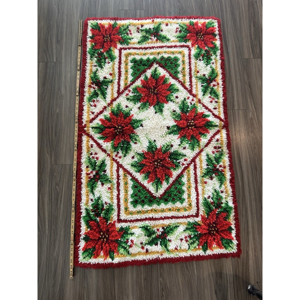 Vintage Christmas Poinsettia Latch Hook Wall Hanging Rug 53x31 Handmade 1970s